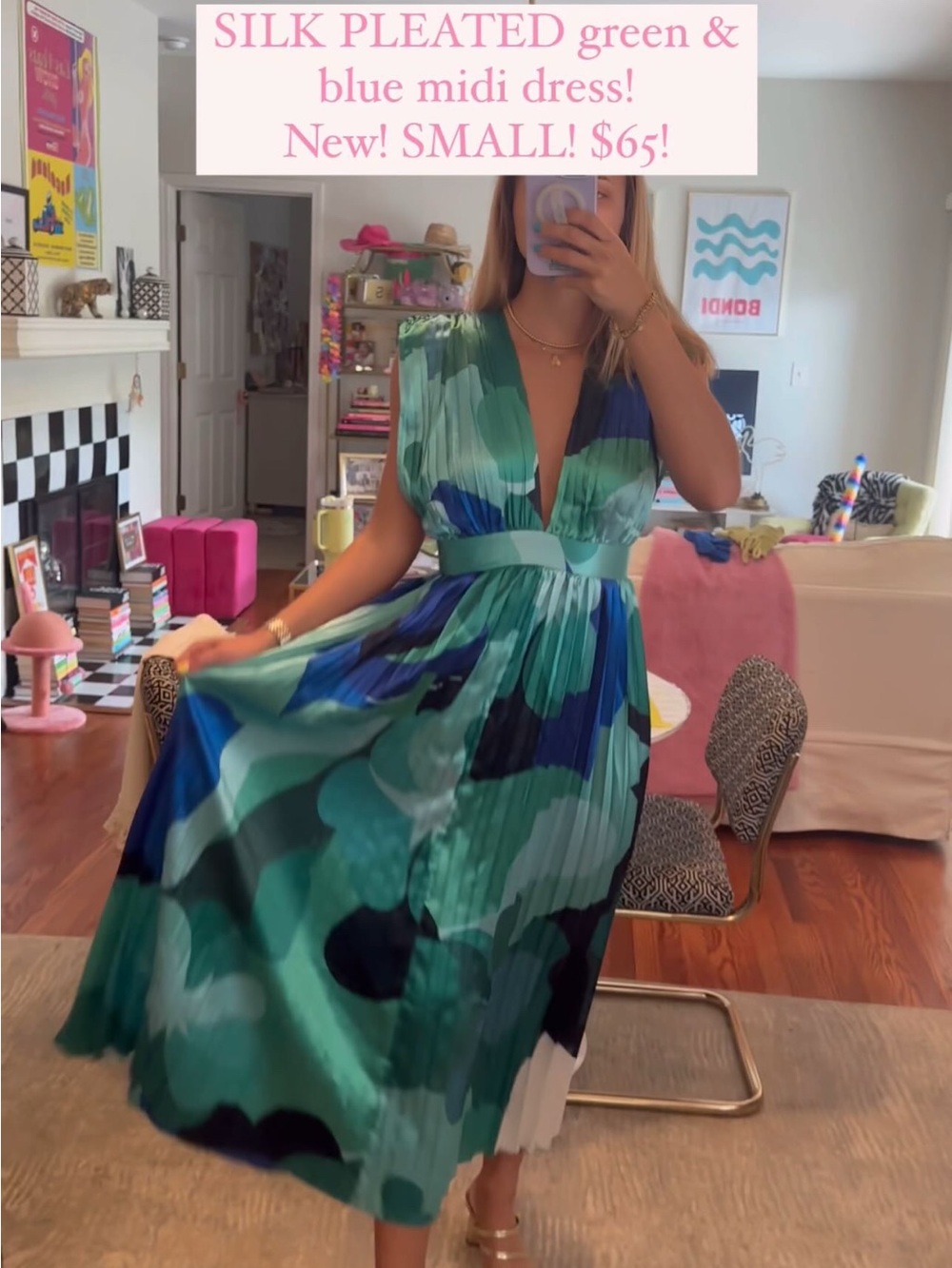 Silk Pleated Green & Blue Midi Dress - Small